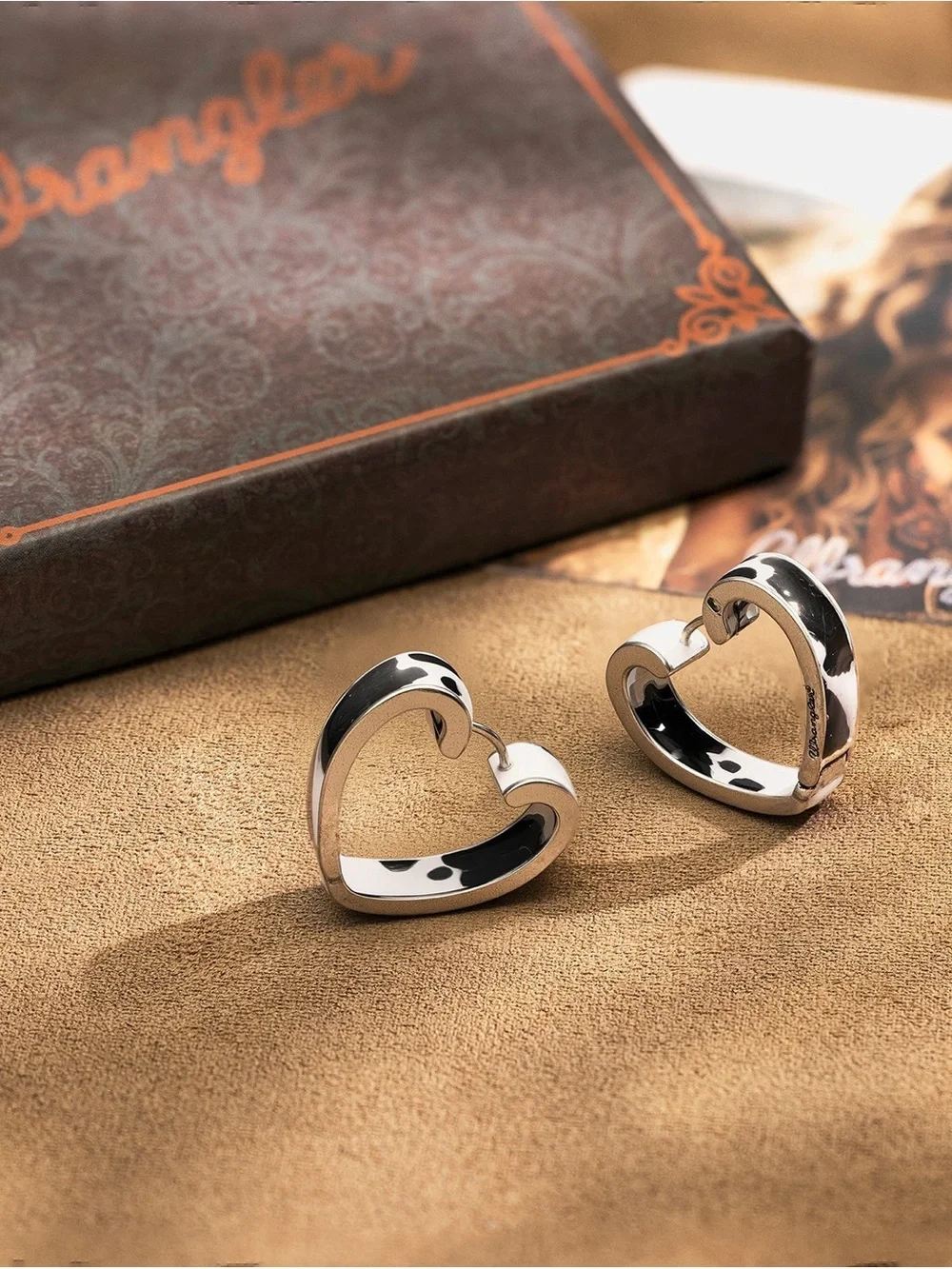 Wrangler Cow Print Open Heart Shape Earrings